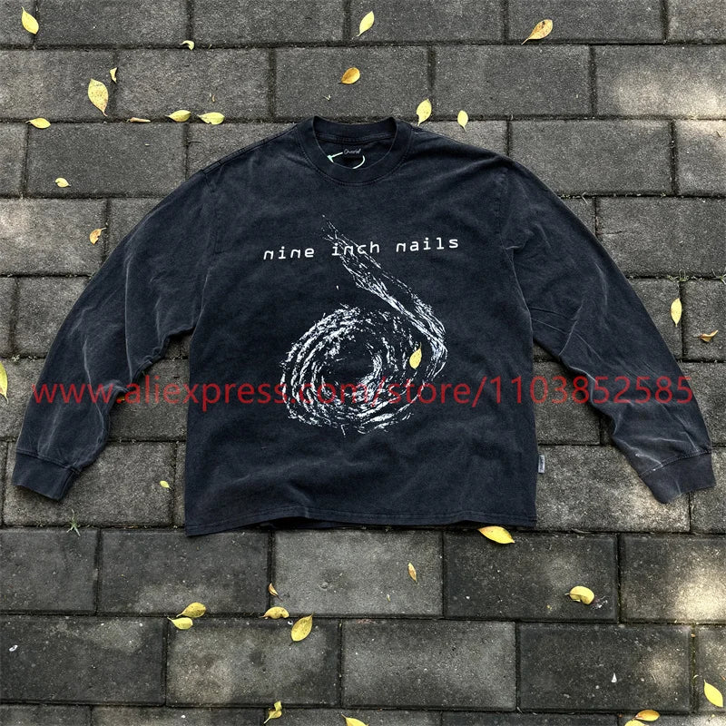 2024 Autumn Vintage American Long Sleeve Street Hip Hop West Coast High Street Heavy Weight High Quality Washed Print 100%Cotton