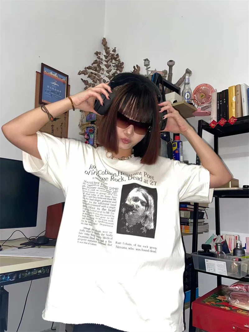 Skatercore Aesthetic print tee – Vintage Band Cobain Portrait Print Heavyweight Short Sleeve