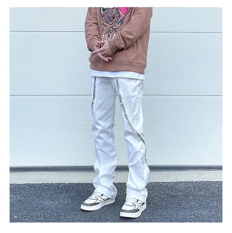 high street black white straight zipper becomes slightly flared denim jeans harajuku casual hip hop cashew flower jeans for men unique jeans style 4405