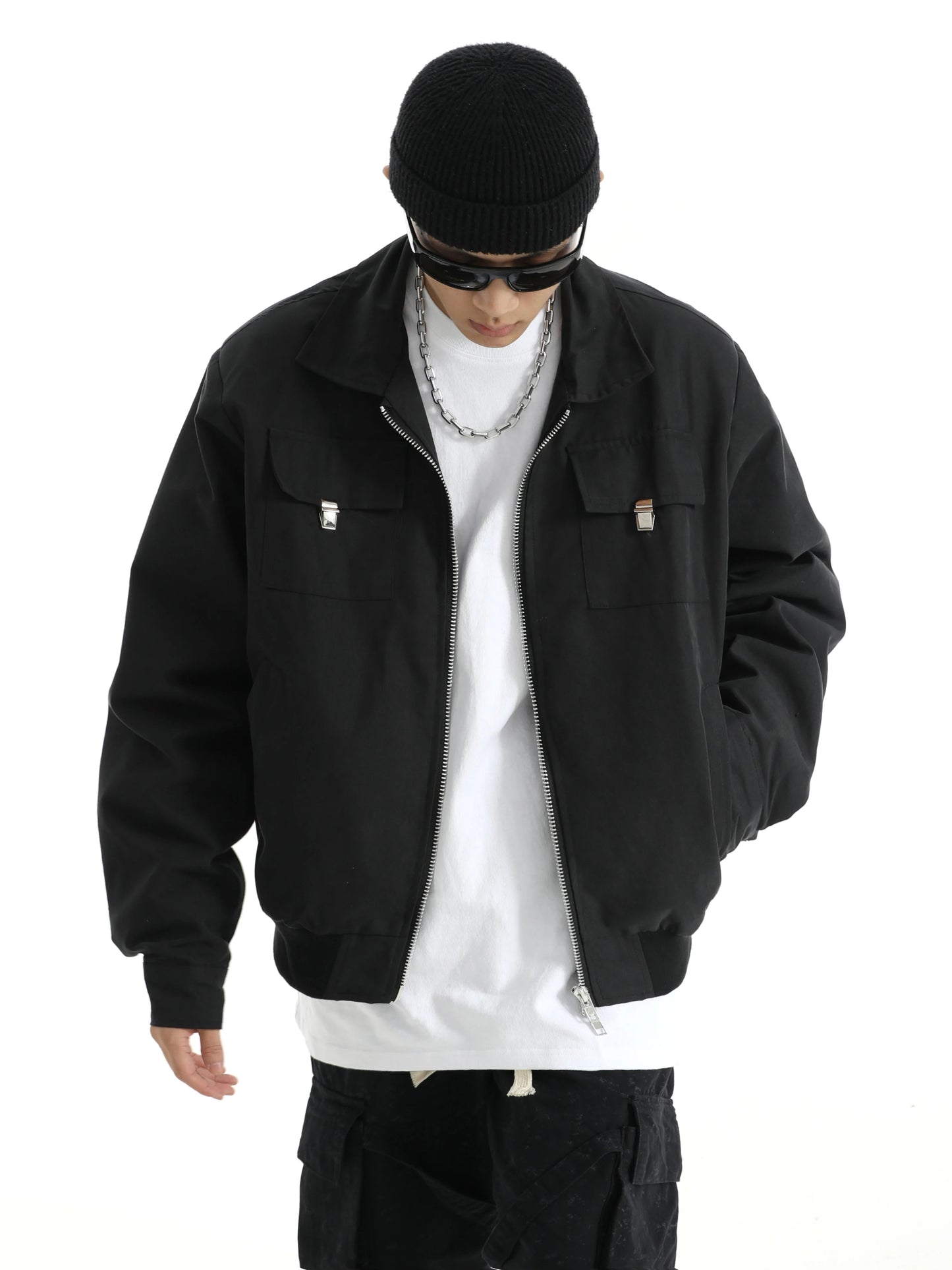 mens soild color jacket and coat casual zipper bomber jackets with pocket high street cargo outerwear short homme men clothin - variant style 2d391a for streetwear fashion