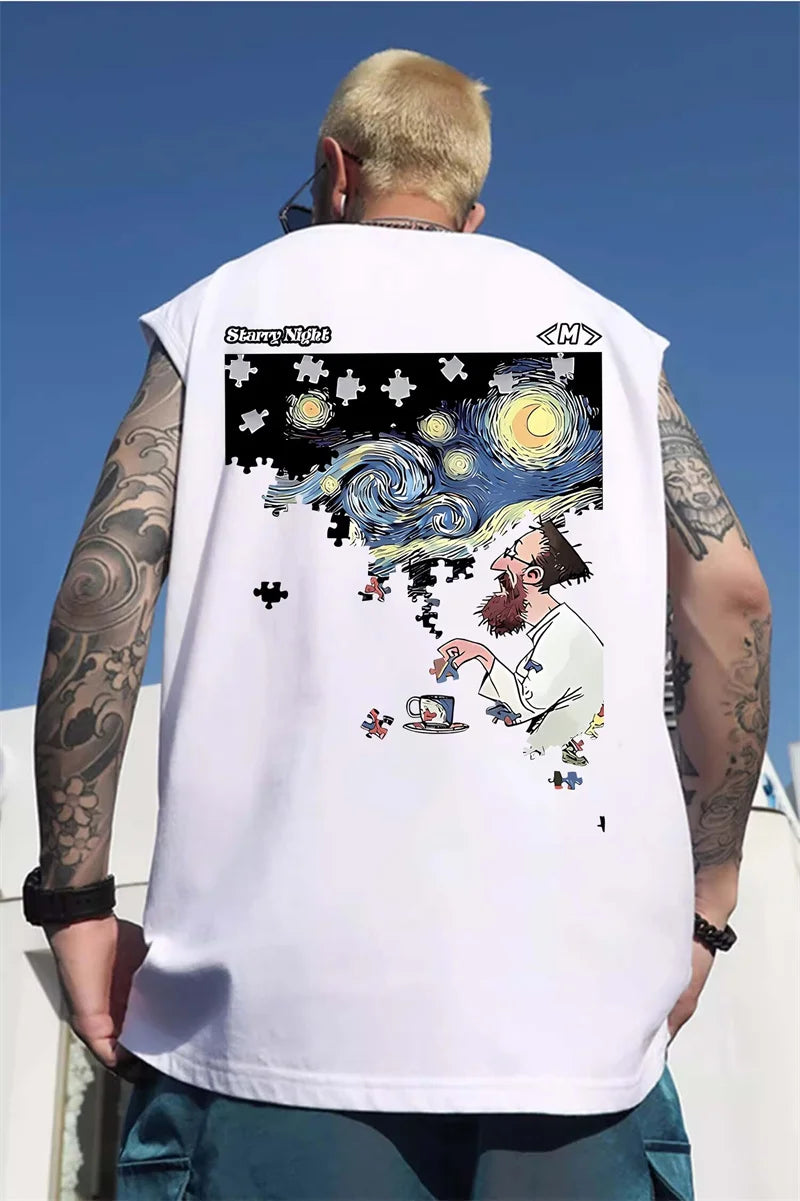 Glitchcore Graphic tee – Summer Mens Starry Night Puzzle Printed Tank Tops Hip Hop Fashion