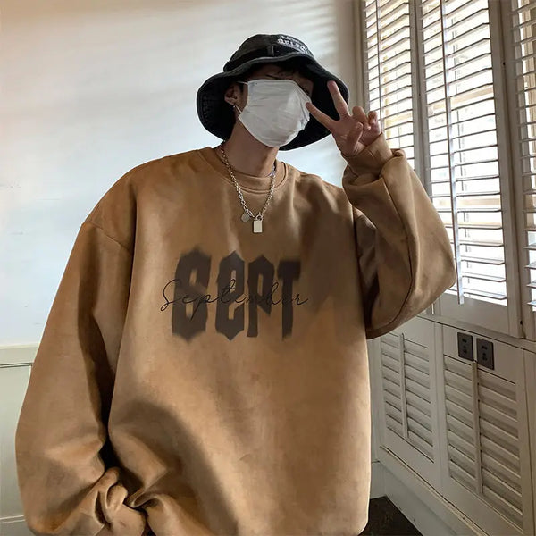 Suede Korean Trendy Round Neck Sweatshirt for Men American Retro Print Trendy Brand Autumn Loose Couple Wear Jacket Tops