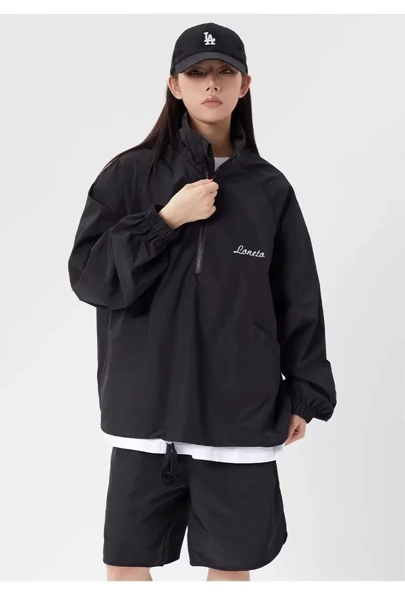 quick drying two piece set men loose casual street sweatshirt shorts y2k stand collar casual loose lightweight suits american unique shorts style 495