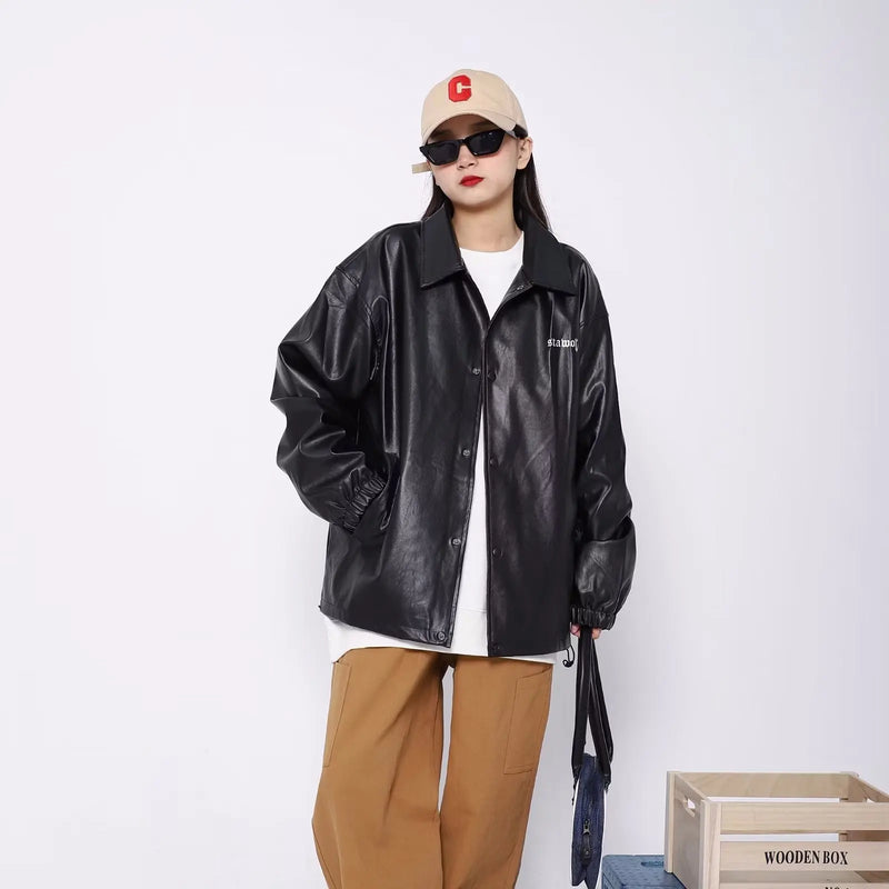 Mens Leather Bomber Jacket Women Hip Hop Letter Motorcycle Loose Casual PU Coat Unisex High Street Racing Varsity Black Outwear