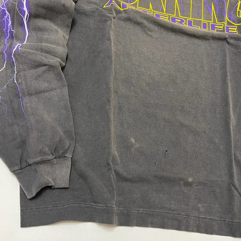 2024 Summer Retro Vintage EVILSPIRIT Thunder Print Washed Old High-Street Cotton Loose Long Sleeve T-Shirt Pullover  For Men