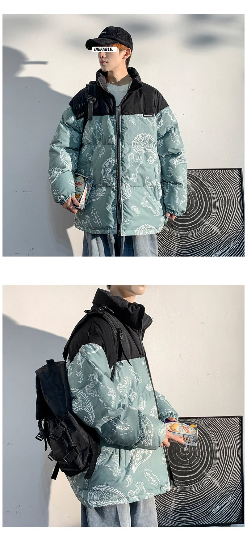 Men Japanese Streetwear Puffer Jackets 2023 Winter Mens Full Print Fashions Bubble Coat Couple Patchwork Thick Parkas