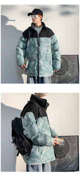 Men Japanese Streetwear Puffer Jackets 2023 Winter Mens Full Print Fashions Bubble Coat Couple Patchwork Thick Parkas