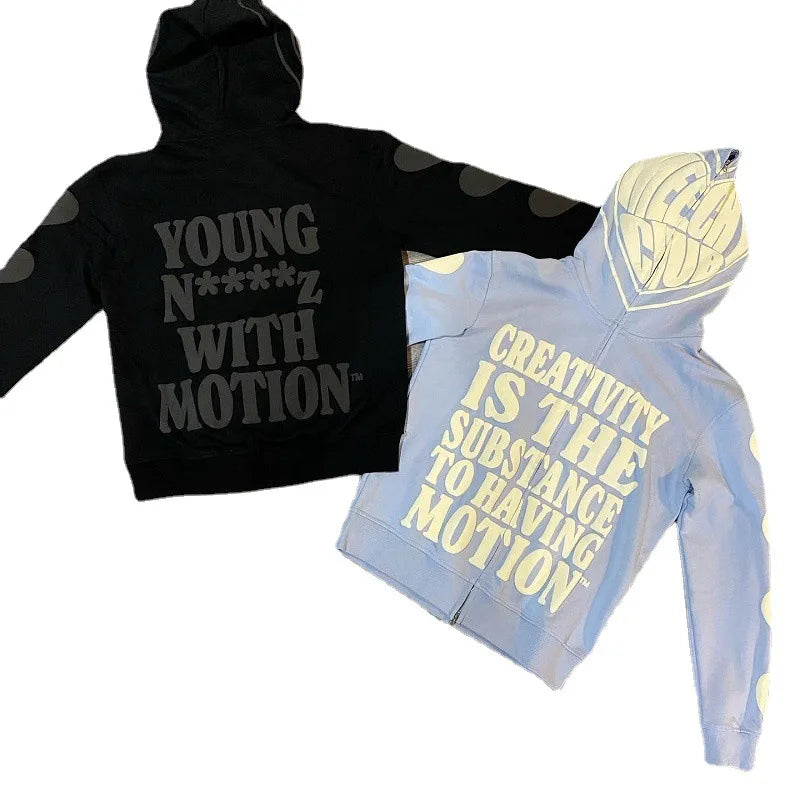 Y2K Clothes Zipper Hoodie Men Gothic Harajuku Foam Printed High Street