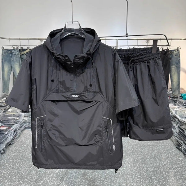 Summer Short Sleeved Shorts Set Workwear Pocket Hooded Zip Top Loose T