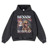 Harajuku Rodman Portrait Graphic Hoodie Sweatshirt Vintage Hip Hop Cotton Loose Heavy Weight Distressed Wash Hooded Hoodie