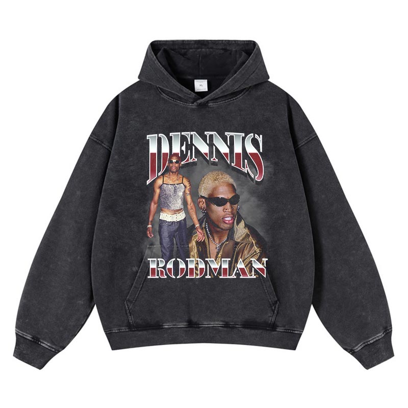 Harajuku Rodman Portrait Graphic Hoodie Sweatshirt Vintage Hip Hop Cotton Loose Heavy Weight Distressed Wash Hooded Hoodie