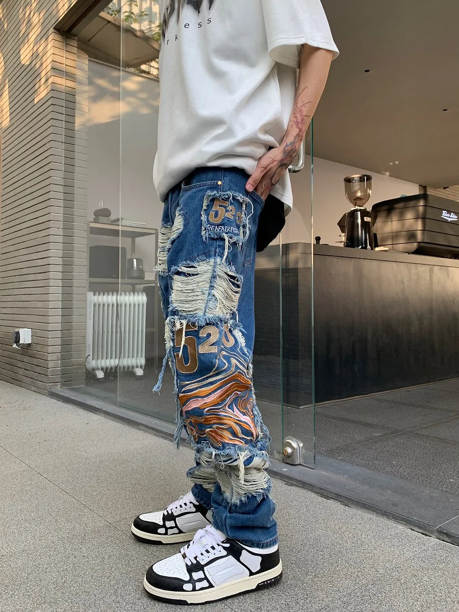 fashion embroidery destroyed ripped tassel holes denim jean pants mens casual loose straight jeans hip hop streetwear joggers unique joggers style 4350