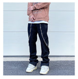 high street black white straight zipper becomes slightly flared denim jeans harajuku casual hip hop cashew flower jeans for men unique jeans style 4418