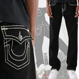 hip hop streetwear denim baggy pants true religion fashion embroidered y2k gothic straight leg wide leg jeans men clothing unique jeans style 3874