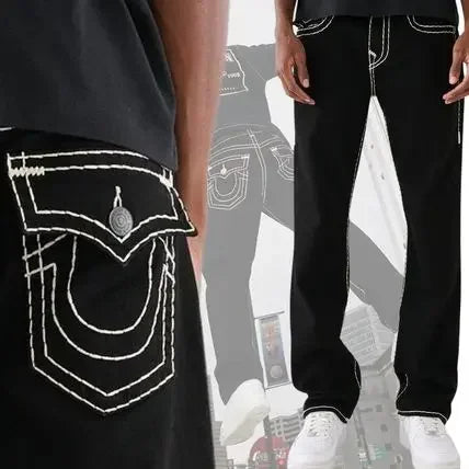 hip hop streetwear denim baggy pants true religion fashion embroidered y2k gothic straight leg wide leg jeans men clothing unique jeans style 3874