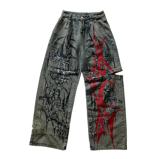 street popular gothic print spot jeans men y2k new harajuku casual loose straight wide leg pants couple joker punk denim trouser stacked flare jeans