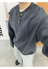 Trendy Korean Retro Ins Simple Boyish Henry Collar Sweatshirt Men and Women Street Niche Y2K Loose Casual Long-sleeved Top