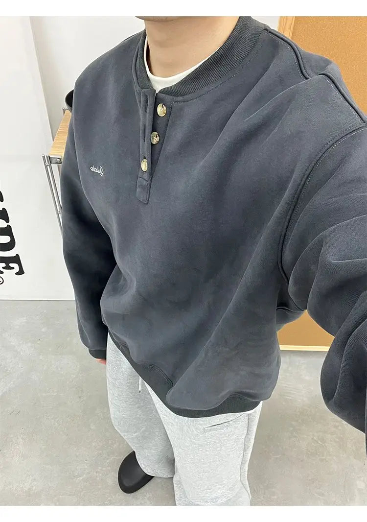 Trendy Korean Retro Ins Simple Boyish Henry Collar Sweatshirt Men and Women Street Niche Y2K Loose Casual Long-sleeved Top