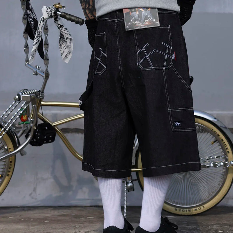 high street embroidery casual over knee summer jeans shorts mens wide leg baggy y2k denim short oversized five point pants unique jeans style 3546