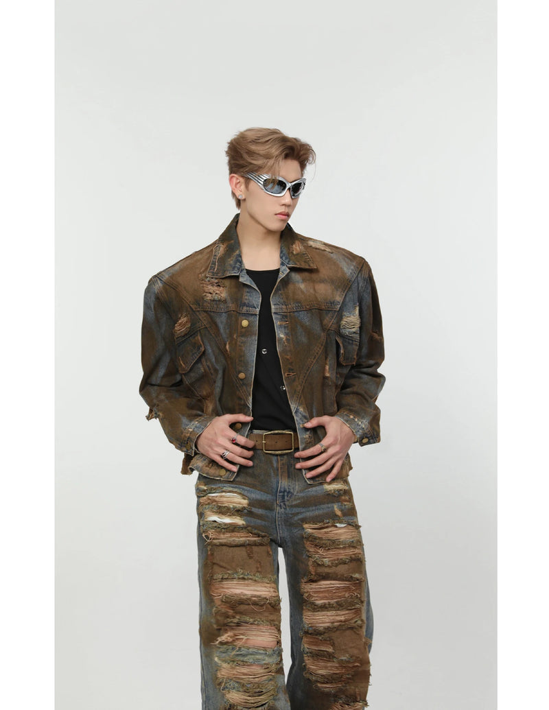 2 pieces sets mens dirty graffiti wide shouder denim jeans jacket coat and ripped holes wide legs pants joggers streetwear sets unique joggers style 4556