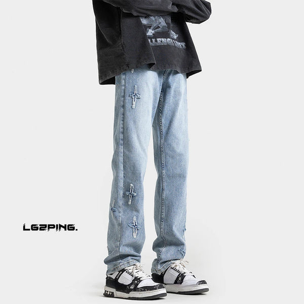 high street slim straight trousers tide vintage washed old colour stars jeans street mens denim trousers 2024 male pants vintage washed jeans