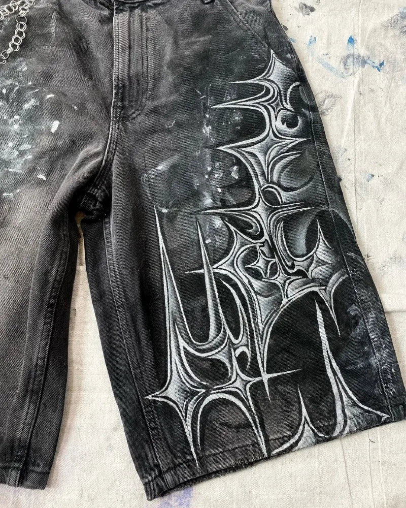 y2k american street retro graffiti anime print oversized denim shorts men shorts high waist fashion loose casual wide leg pants unique jeans style 3503