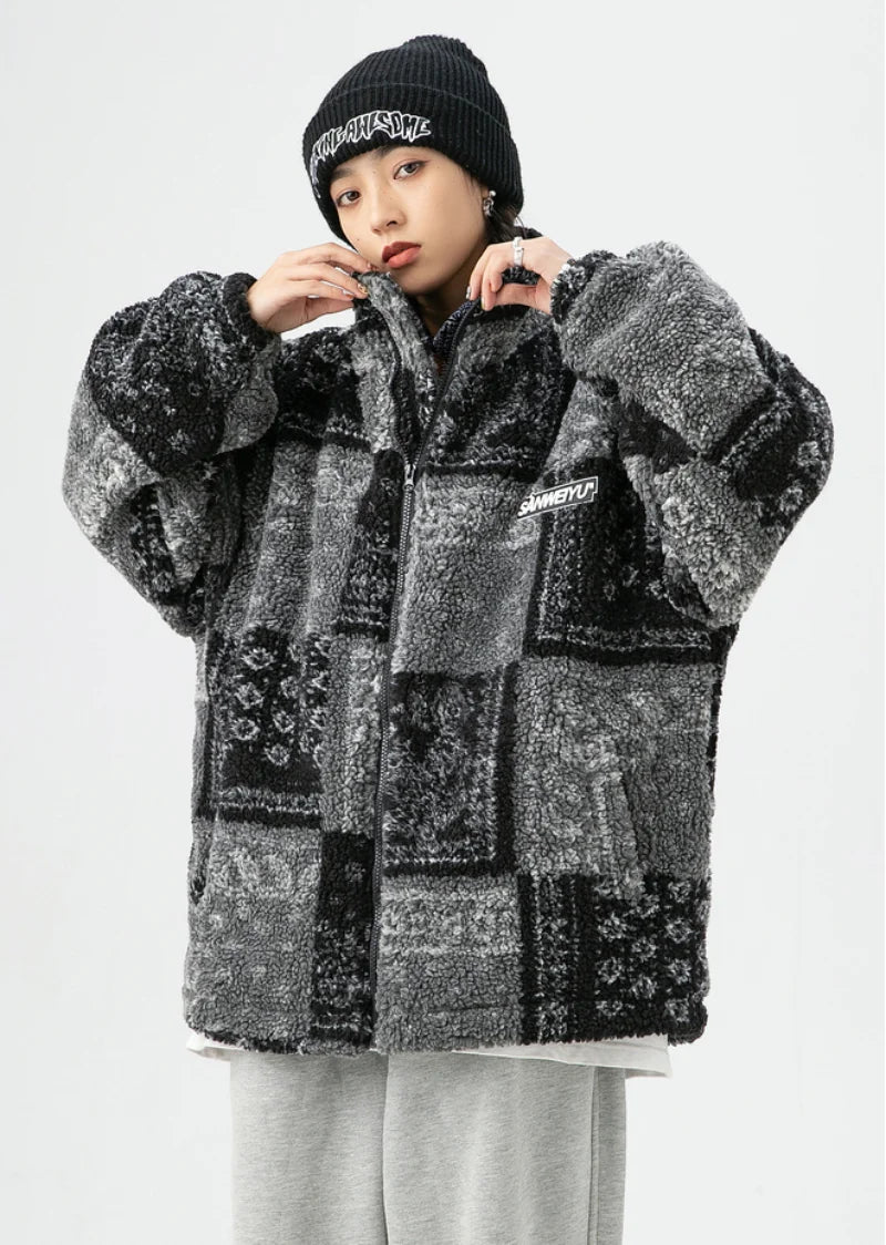 Skatercore Fit – Men Paisley Fleece Jackets Coats Fashion Hairy Zipper Loose