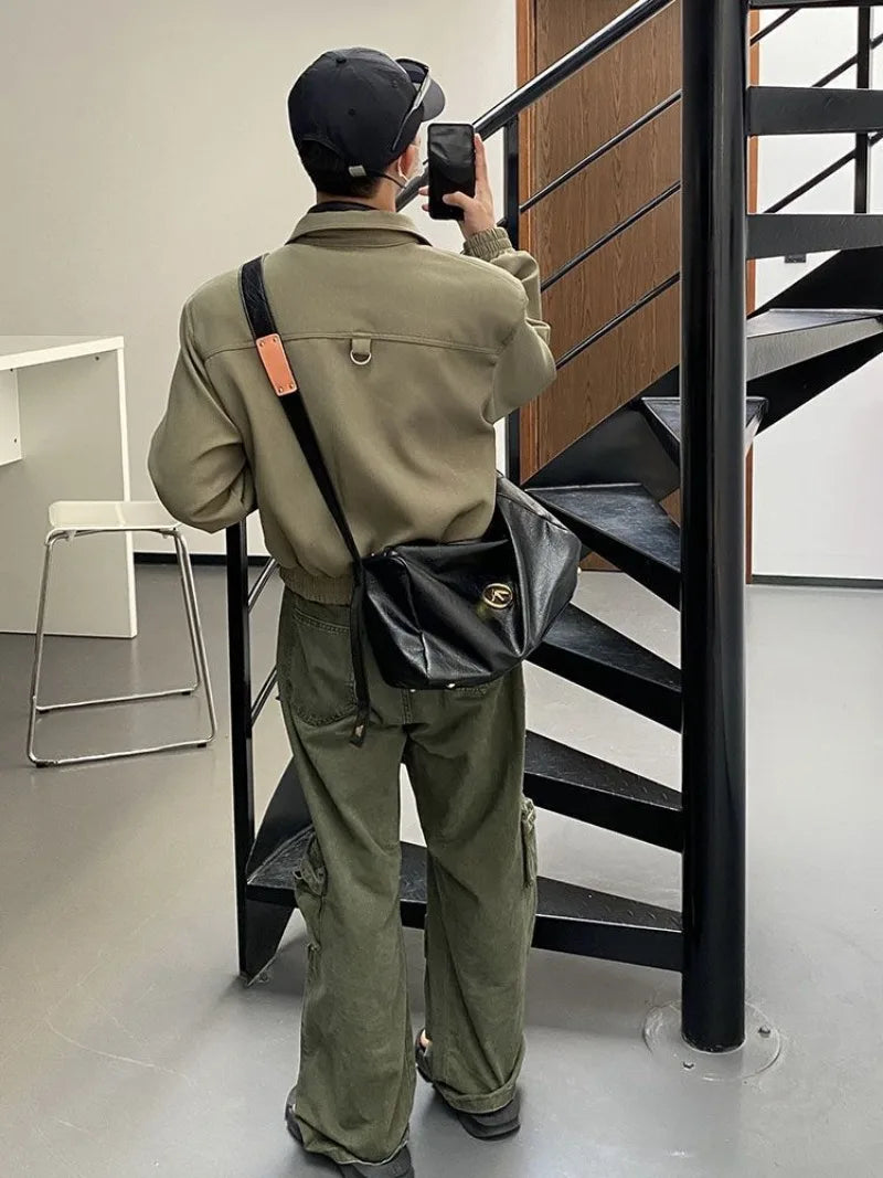 high street y2k men set casual loose lapel jacket hip hop multi pocket overalls 2 piece spring autumn fashion couple suit trend unique default style 4592