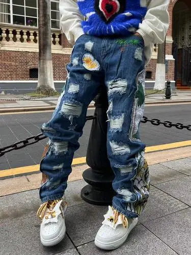 harajuku fashion embroidered patches straight denim pants hip hop washed torn jeans black blue patchwork y2k jeans baggy men unique jeans style 1540