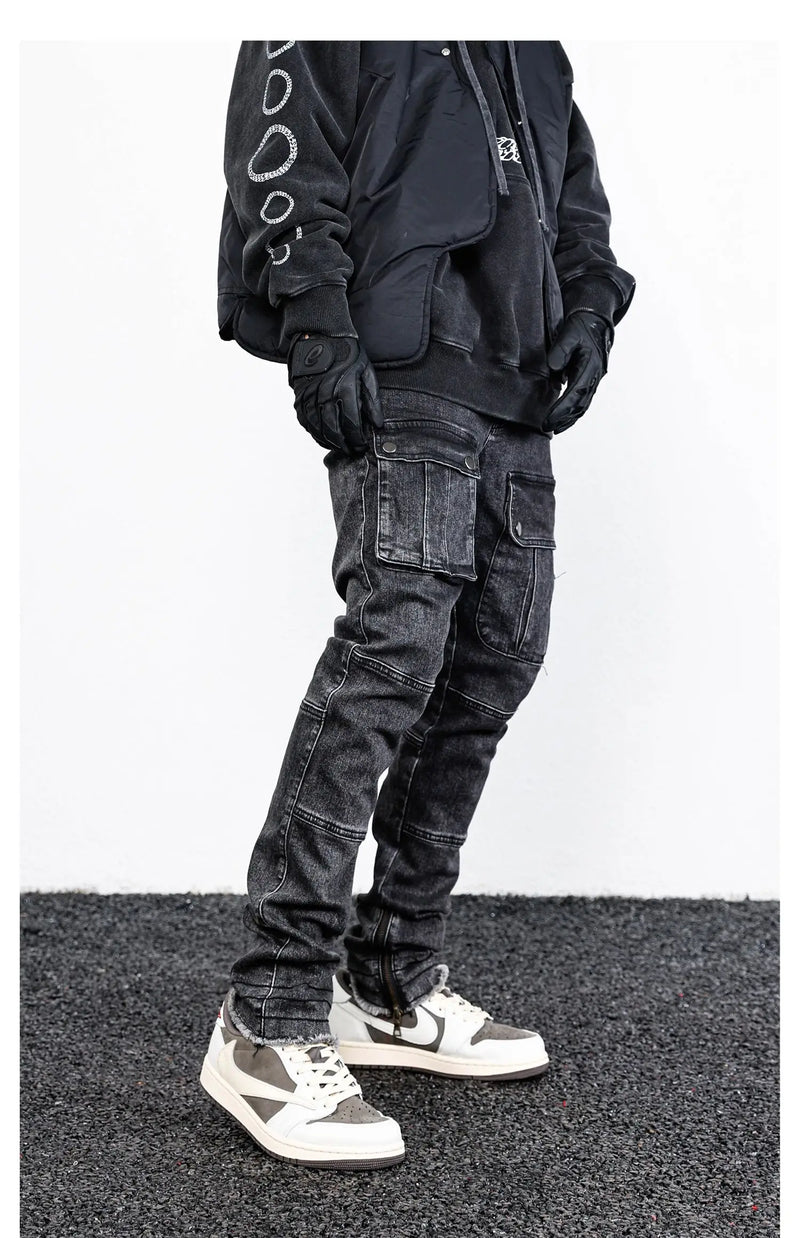 retro washed denim jeans mens bottom zipper jean trousers with pockets hip hop fashion high street slim fit pants joggers jeans unique joggers style 3109