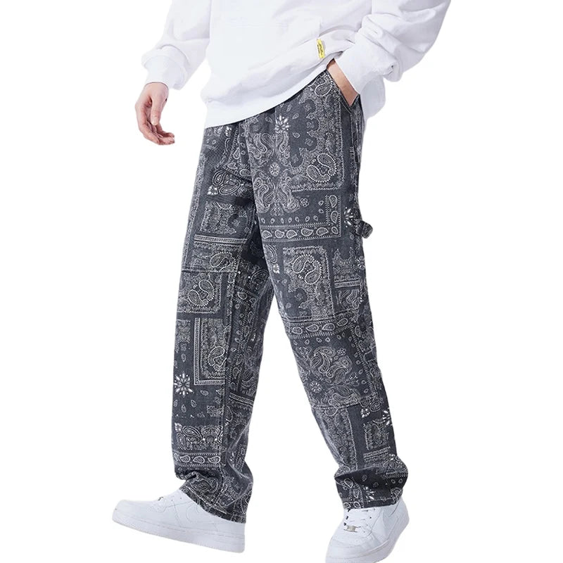 mens hip hop straight denim jeans pants fashion zipper paisley jeans streetwear casual loose trousers pants joggers baggy jeans unique joggers style 2798
