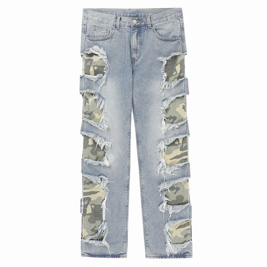 side destroyed ripped holes denim jeans pants mens casual patchwork camouflage loose straight joggers hip hop streetwear jeans relaxed fit joggers