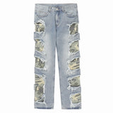side destroyed ripped holes denim jeans pants mens casual patchwork camouflage loose straight joggers hip hop streetwear jeans relaxed fit joggers