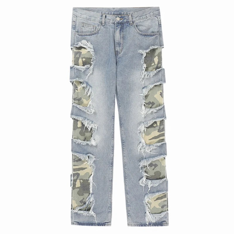side destroyed ripped holes denim jeans pants mens casual patchwork camouflage loose straight joggers hip hop streetwear jeans relaxed fit joggers