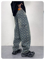 men jacquard loose casual hip hop vibe splice pocket denim baggy jeans pants man streetwear ripped jeans trousers boyfriend unique jeans style 3138