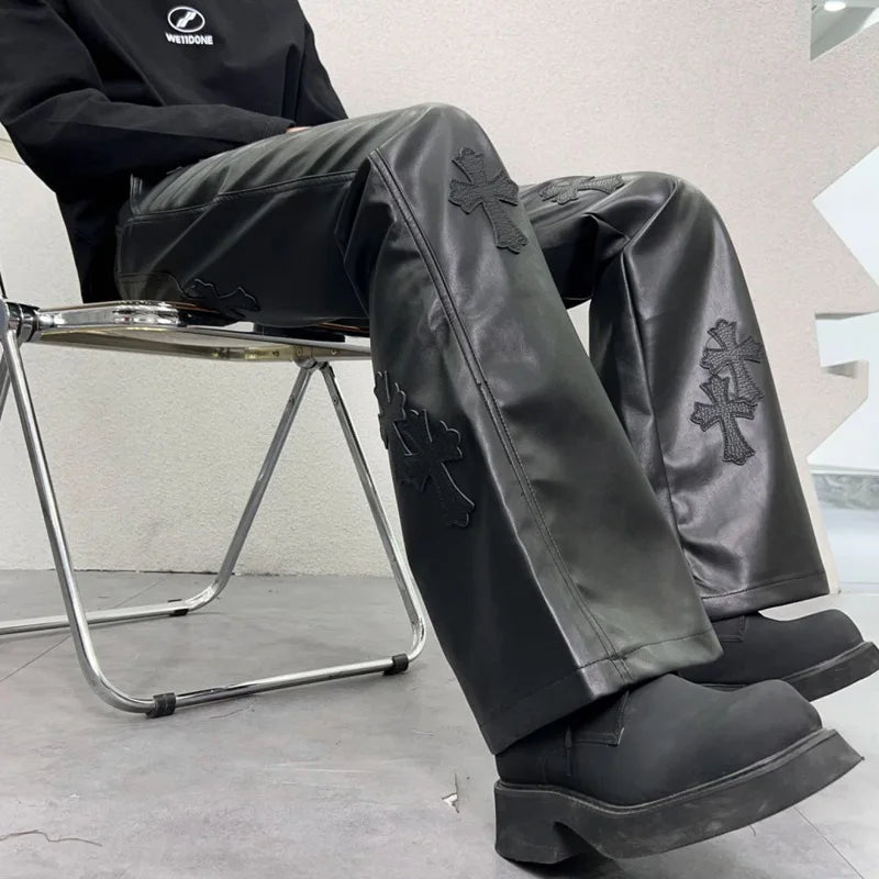 pu leather pants men streetwear fashion hip hop punk gothic vibe casual faux leather pant man boyfriend motorcycle trousers unique default style 3029
