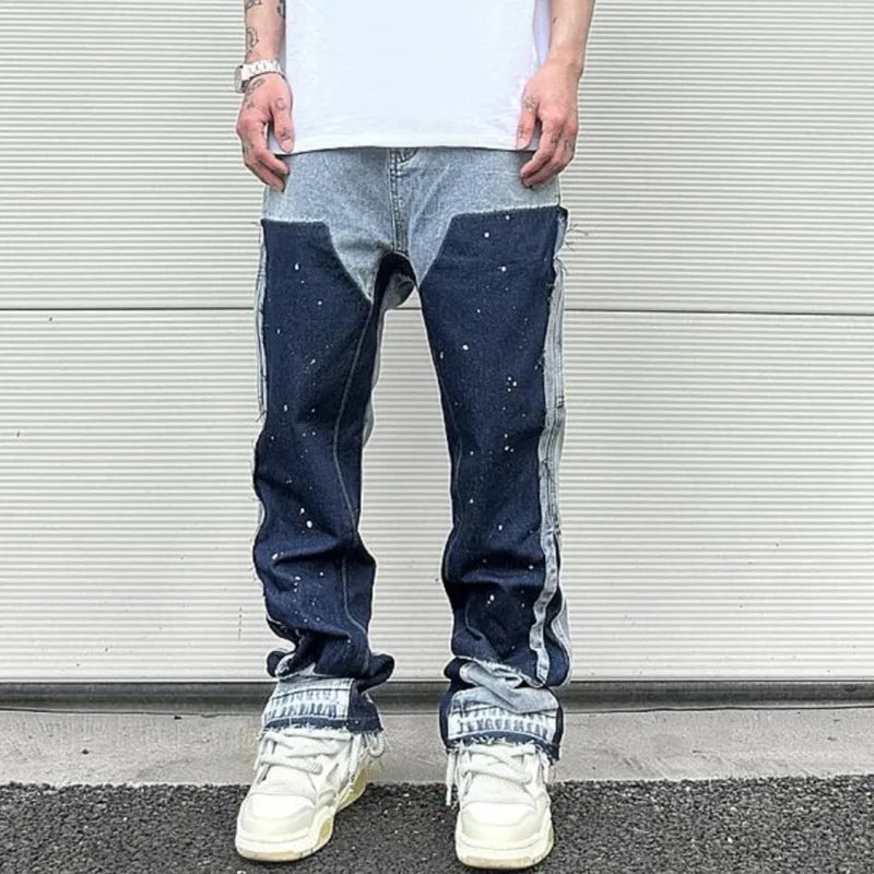 color washed denim mens jeans pants fashion graffiti patchwork loose biker red jeans streetwear hip hop casual straight pants stacked flare jeans