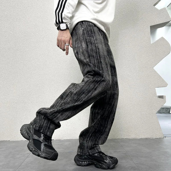 mens streetwear fashion hip hop vibe casual retro tie dyed denim pant jeans cityboy black gray straight jeans trousers denim street jeans