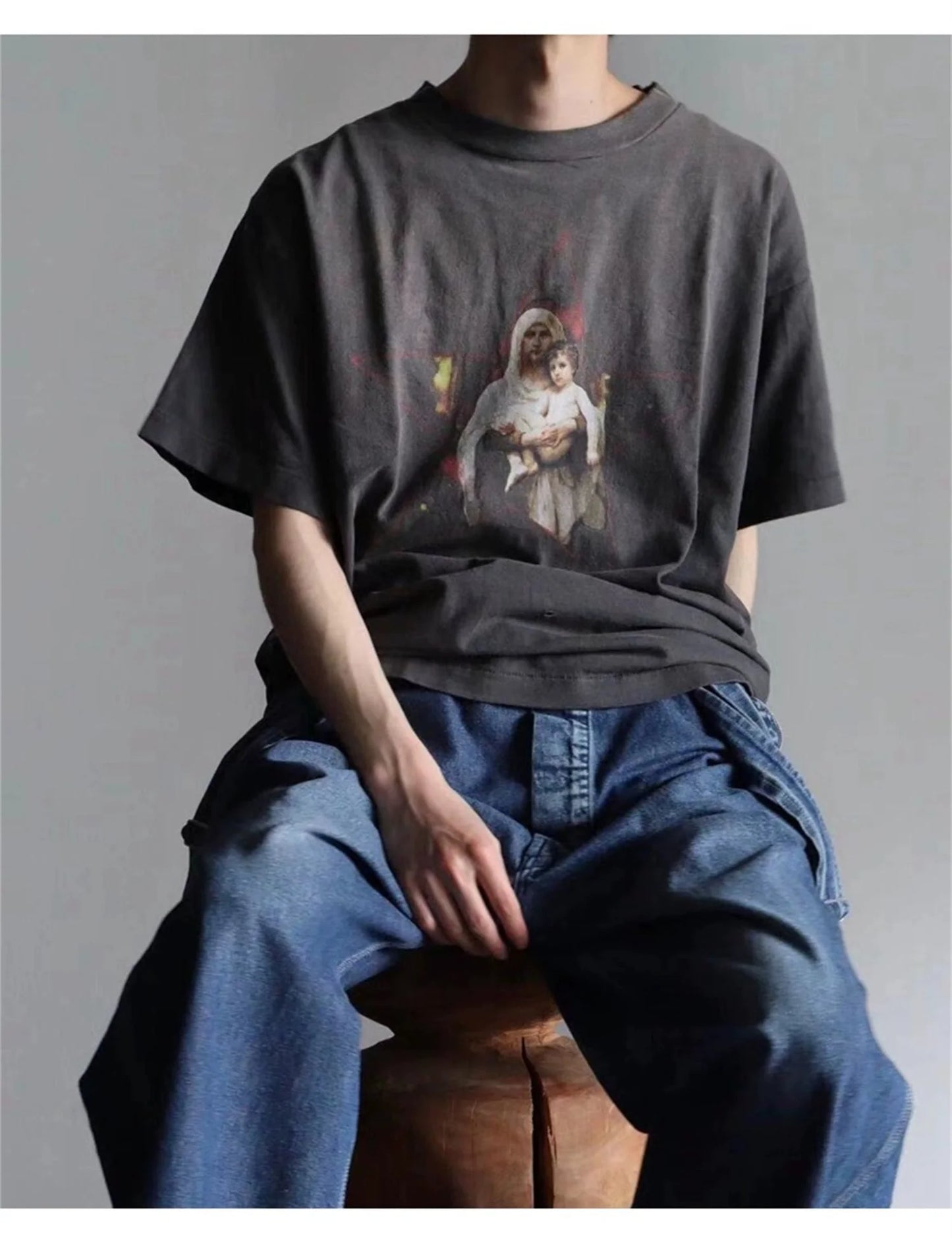 90s Summer Vintage Style Pentagram printed washed vintage Retro Quality short sleeved T-shirt Tops For Men