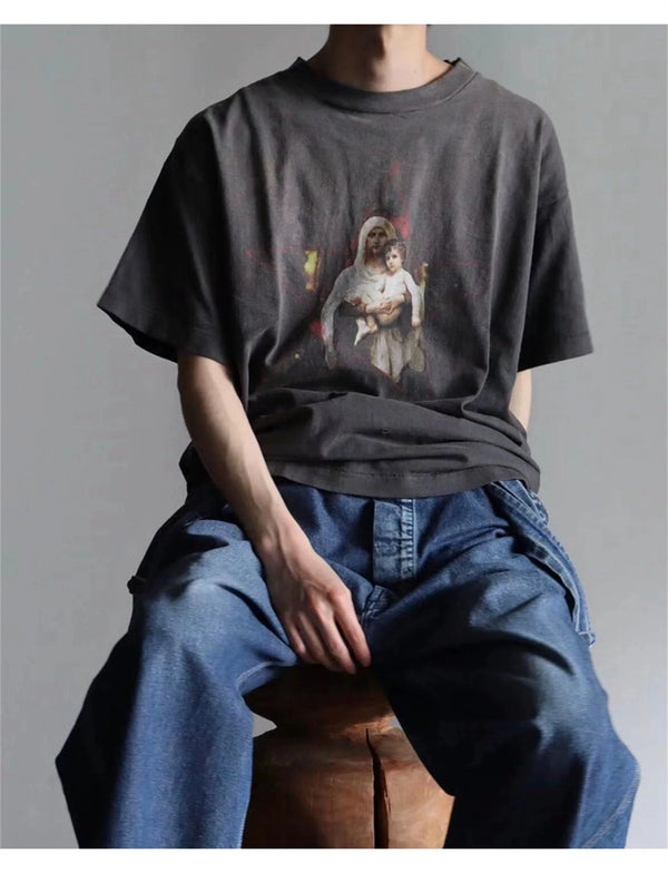 90s Summer Vintage Style Pentagram printed washed vintage Retro Quality short sleeved T-shirt Tops For Men