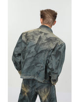 2 pieces sets mens fashion dirty graffiti wide shouder denim jeans jacket coat and wide legs pants joggers new streetwear sets unique joggers style 4581
