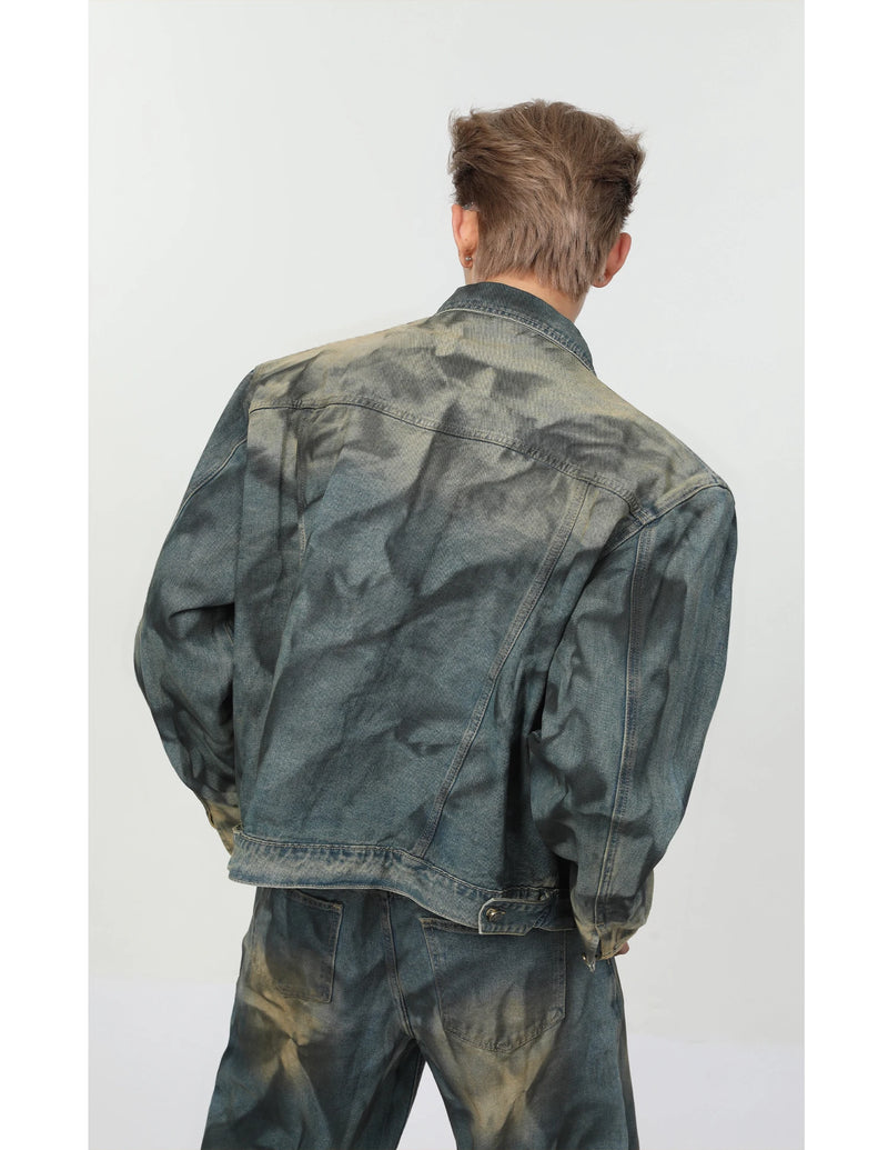 2 pieces sets mens fashion dirty graffiti wide shouder denim jeans jacket coat and wide legs pants joggers new streetwear sets unique joggers style 4581