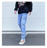 mens high street paisley print denim jeans casual hip hop distressed jeans slim fit skinny denim pants joggers streetwear men unique joggers style 1231