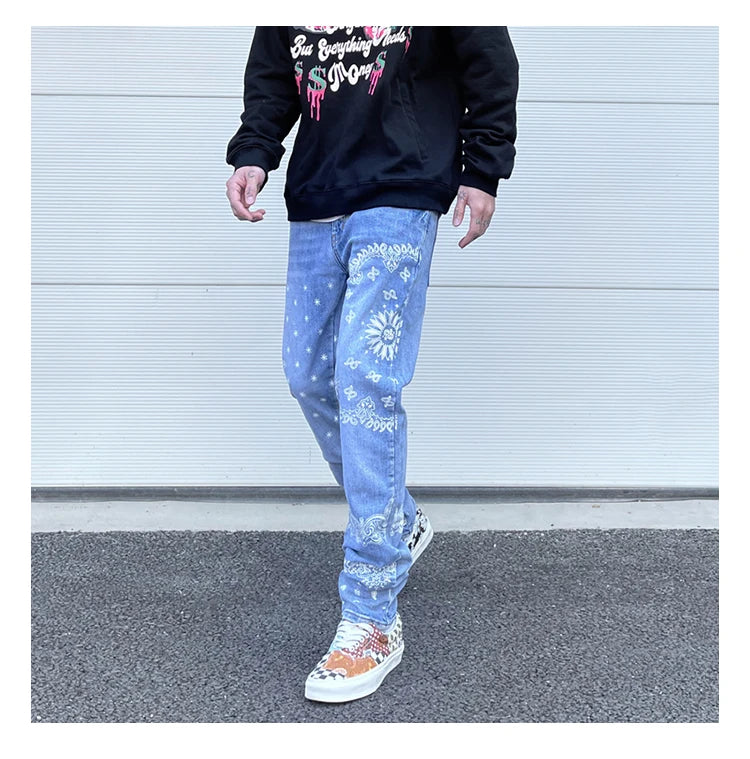 mens high street paisley print denim jeans casual hip hop distressed jeans slim fit skinny denim pants joggers streetwear men unique joggers style 1231