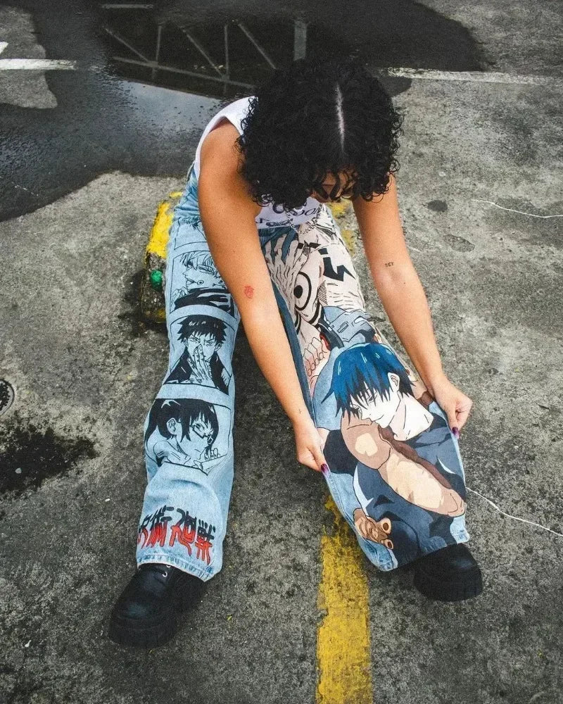 y2k baggy jeans harajuku print pattern streetwear fashion hip hop men women high waisted casual wide leg jeans anime clothes unique jeans style 4355