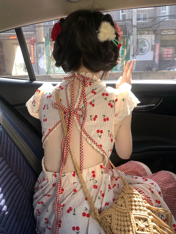 Summer Red Lolita Kawaii Dress Women Bow Sweet Princess Party Mini Dress Female Patchwork Korean Fashion Cherry Cute Dress 2023