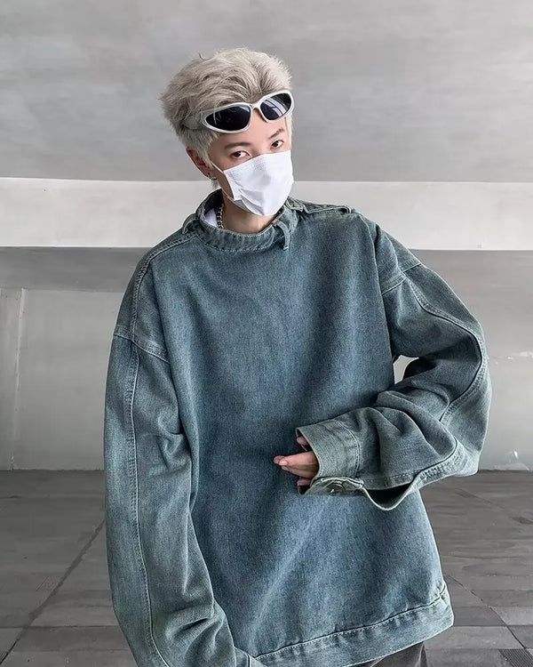 Autumn Korean Denim Coats Stand Collar Denim Sweatshirt Jacket High St