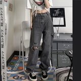 xpqbb vintage streetwear dark gray jeans women y2k high waist ripped denim trousers female 2022 new design loose wide leg pants unique jeans style 2801