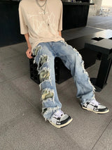 side destroyed ripped holes denim jeans pants mens casual patchwork camouflage loose straight joggers hip hop streetwear jeans unique joggers style 4080
