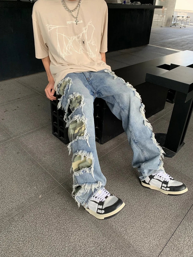side destroyed ripped holes denim jeans pants mens casual patchwork camouflage loose straight joggers hip hop streetwear jeans unique joggers style 4080